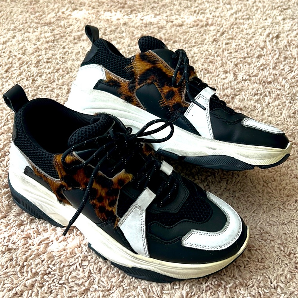 The Kooples Women Sz 39 Leopard Fur Black White Leather Color Block Lace Sneaker